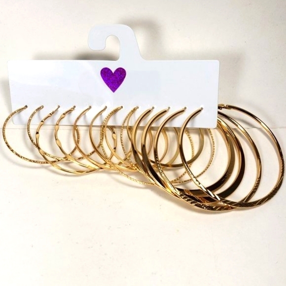 Set of 6 Pairs Polished Textured Gold tone Hoop Teardrop Earrings - Picture 1 of 8
